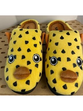 Coddies Yellow Plush Fish Slippers with Black Spots and Orange Fins